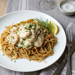 Spaghettis au thon et aux crevettes avec une sauce crémeuse