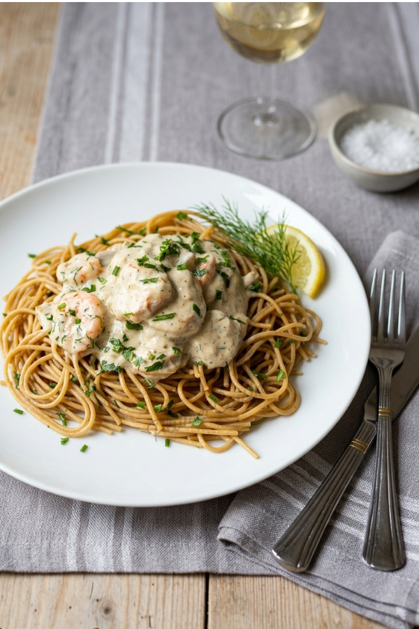 Spaghettis au thon et aux crevettes avec une sauce crémeuse
