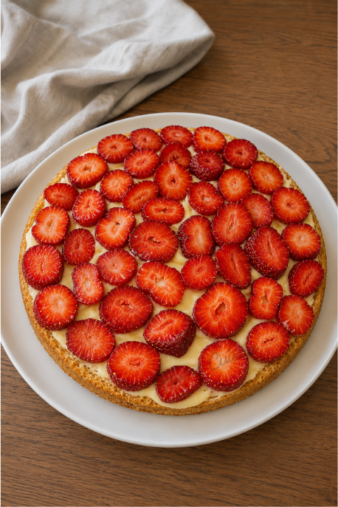 Première couche de génoise recouverte de crème pâtissière et de fraises fraîches tranchées, avant de refermer le gâteau.