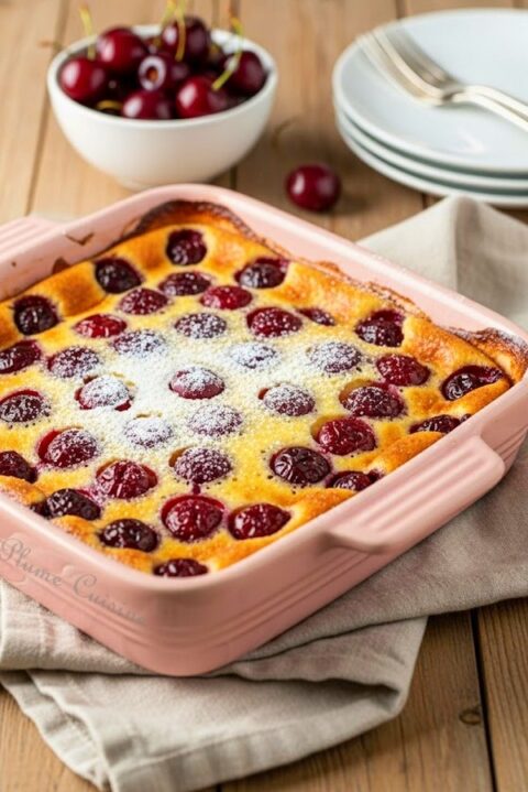 Délicieux clafoutis aux cerises doré, dans un plat rose, saupoudré de sucre glace
