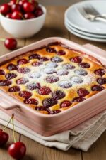 Clafoutis aux cerises, moelleux dans un plat rose