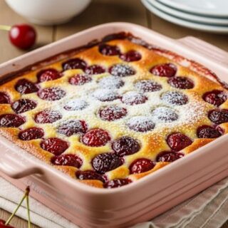 Clafoutis aux cerises, moelleux dans un plat rose