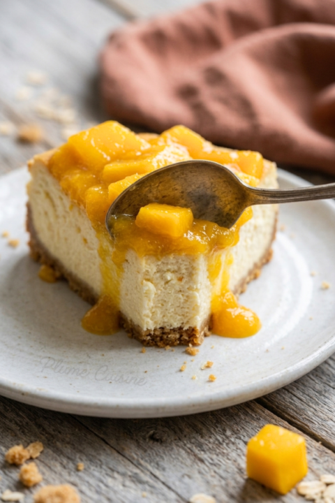Part de cheesecake à la mangue coupée avec une petite cuillère.
