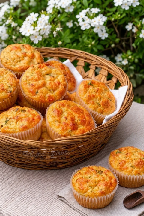 Délicieux mini cakes au crabe dorés au four, disposés dans une corbeille champêtre.