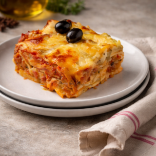 Part de lasagnes aubergines mozzarella présentée sur une assiette.