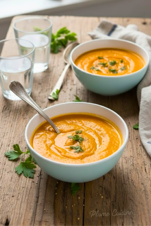 Velouté de carottes au lait de coco présenté dans des bols