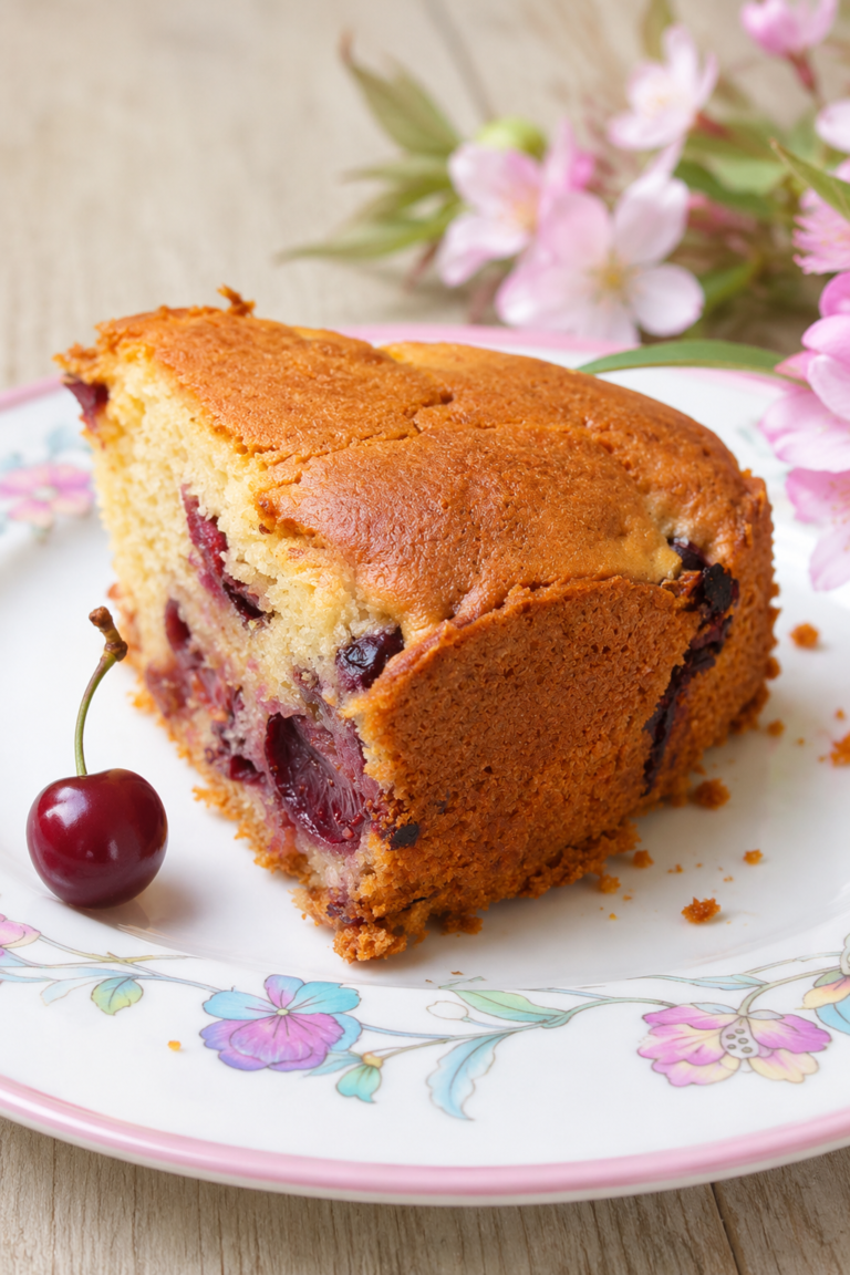 Tranche de gâteau moelleux aux cerises fraîches sur une assiette vintage,