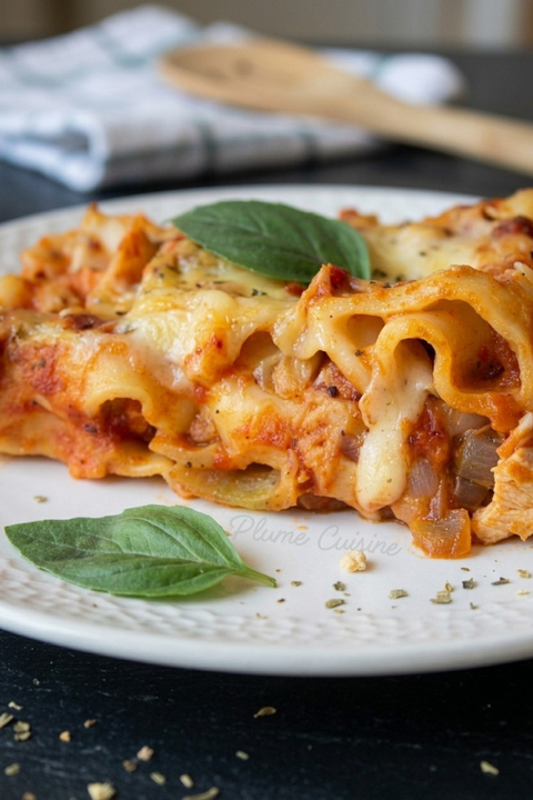 Lasagnes au poulet crémeuses à la sauce tomate, basilic et fromage gratiné, servies dans une assiette noire.