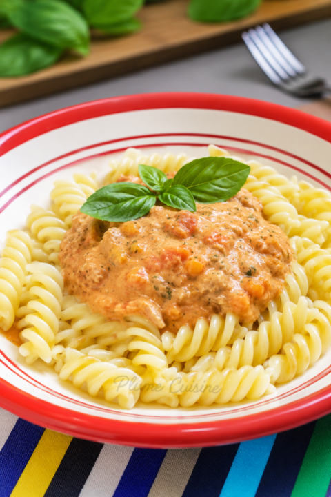 Sauce tomate au thon et au lait de coco sur une assiette de pâtes