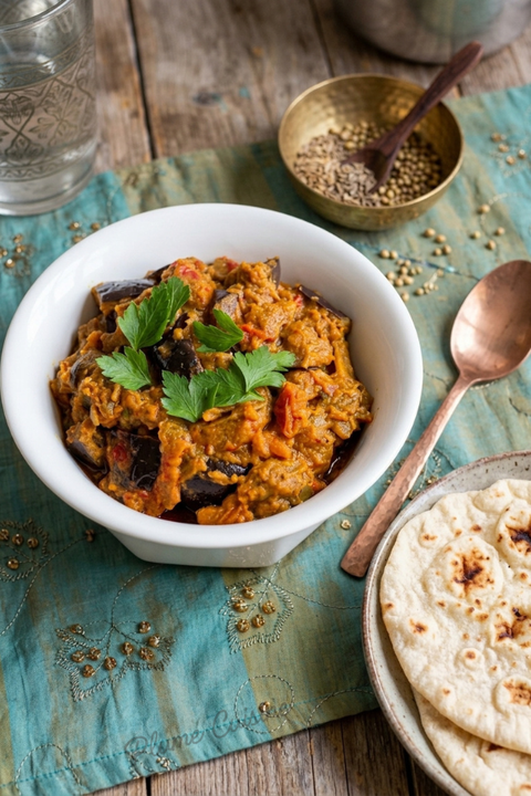Curry d’aubergines fondant et légèrement épicé servi dans un bol