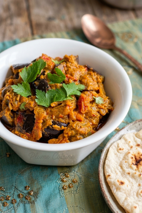 Curry d’aubergines fondant à la tomate, garni de persil frais