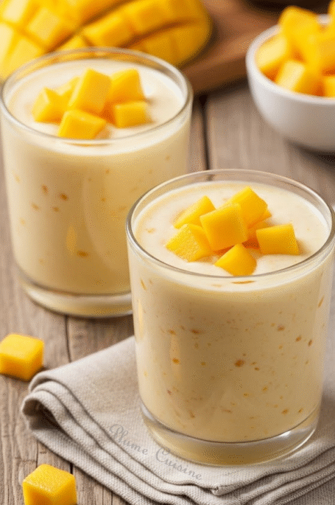 Dessert mangue coco en verrine avec dés de mangue