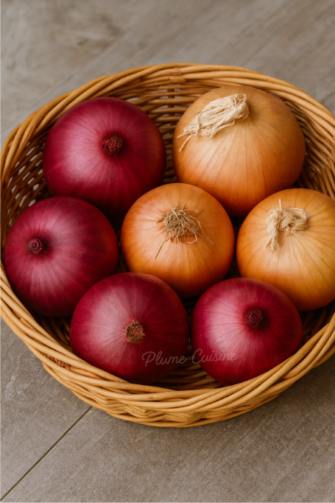 Panier d'oignons rouges et jaunes