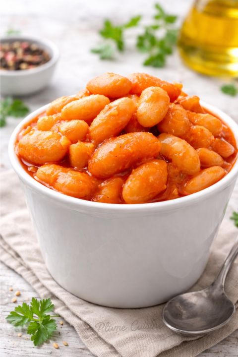 Bol blanc avec des haricots blancs épicés