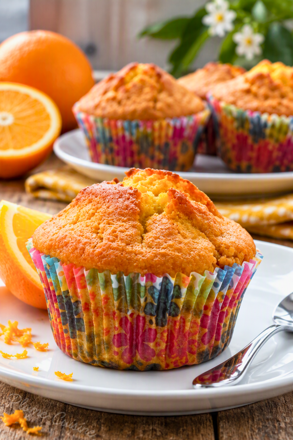 Muffins moelleux à l'orange faits maison préservés dans leurs caissettes colorées, présentés sur une assiette blanche avec une demi-orange.