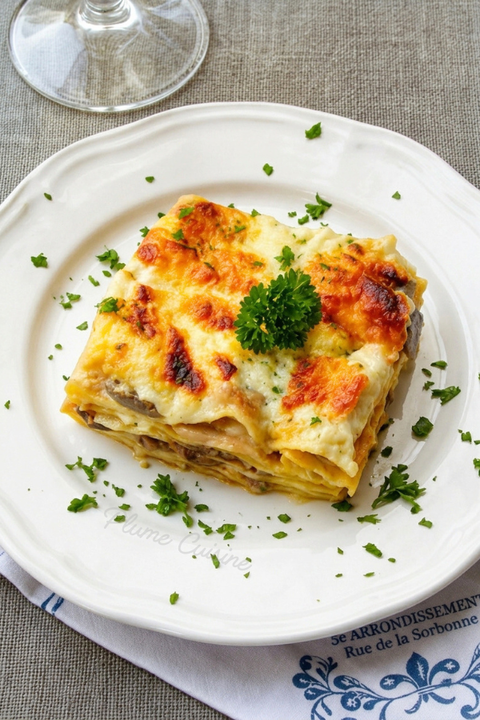 Part de lasagnes aux champignons maison avec béchamel légère, fromage gratiné et champignons fondants.
