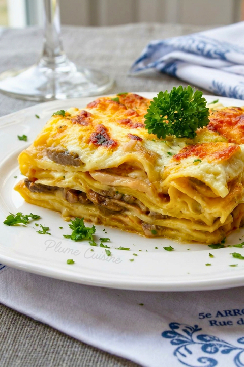 Lasagnes végétariennes aux champignons avec plusieurs couches de pâtes, béchamel crémeuse et fromage doré.