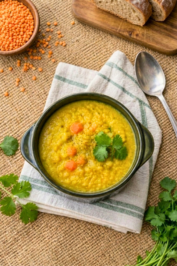 Soupe de lentilles rouges au curry et curcuma