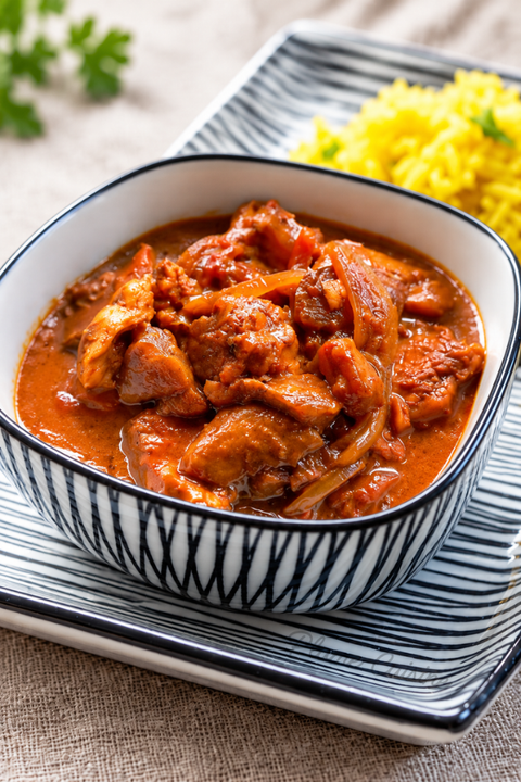 Poulet ananas dans un joli bol. accomapgné de riz jaune.