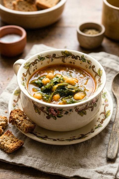 Soupe marocaine de pois chiches au cumin présentée dans une tasse fleurie
