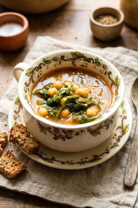 Bol de soupe marocaine de pois chiches au cumin fait maison, servi dans une tasse fleurie