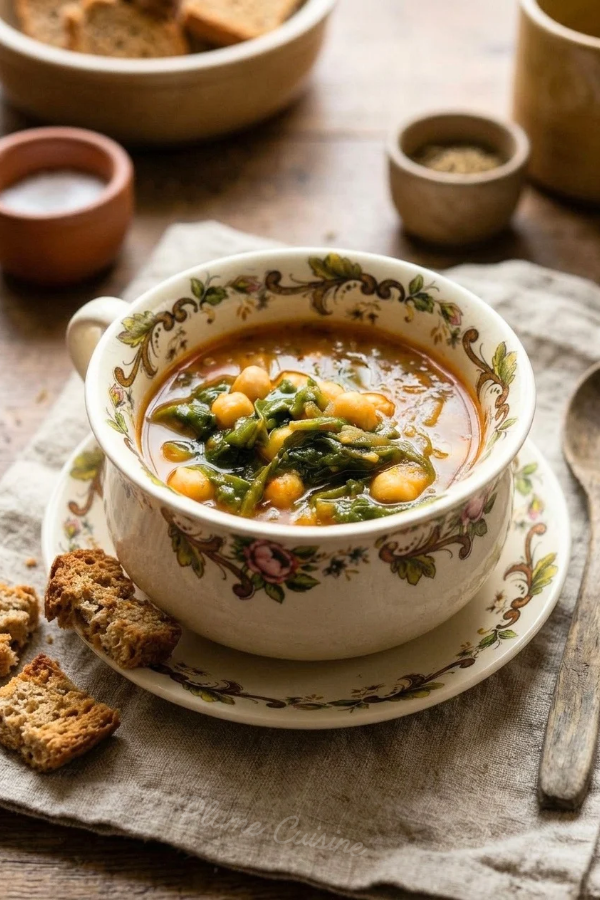 Soupe marocaine de pois chiches au cumin présentée dans une tasse fleurie