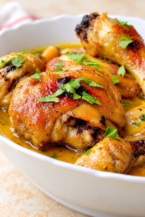 Poulet au miel et à la moutarde dans une sauce dorée.