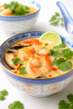 Deux bols de Soupe thaï au lait de coco et crevettes