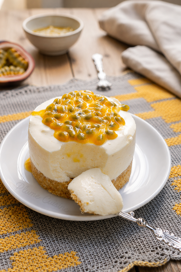 Entremets mousse au yaourt vanille et passion entamé, avec une bouchée de mousse crémeuse