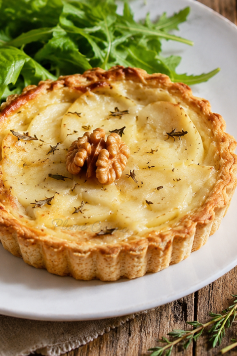 Une tartelette pomme et chèvre en gros plan sur une assiette blanche.