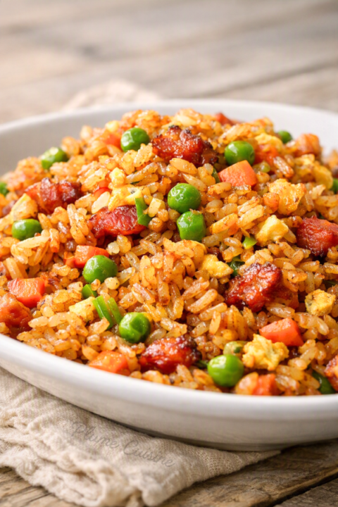 Riz cantonais aux lardons maison avec petits pois, carottes, œufs et oignons verts