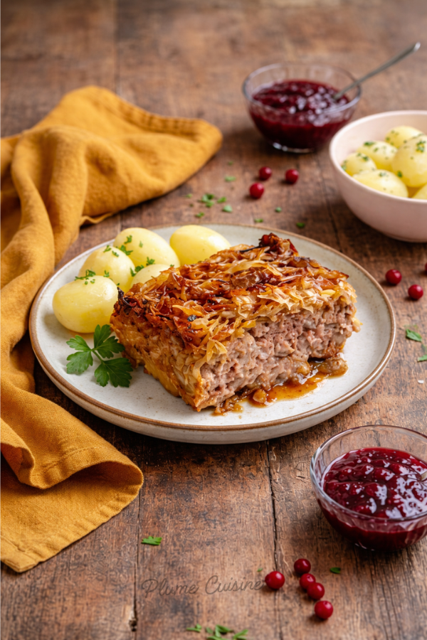 Part de gratin de chou suédois avec des pommes de terre