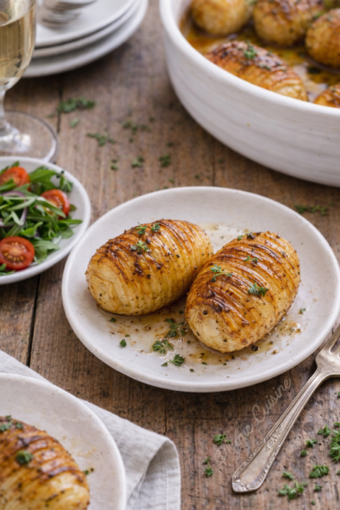 Pommes de terre à la suédoise (Hasselbackspotatis) sur une petite assiette blanche