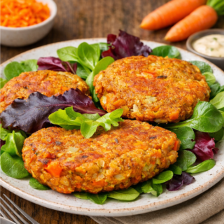 Burger de carottes végétarien avec de la salade verte sur une assiette