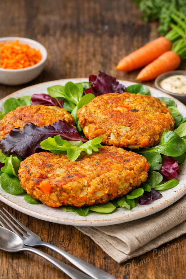 Burger de carottes végétarien avec de la salade verte sur une assiette