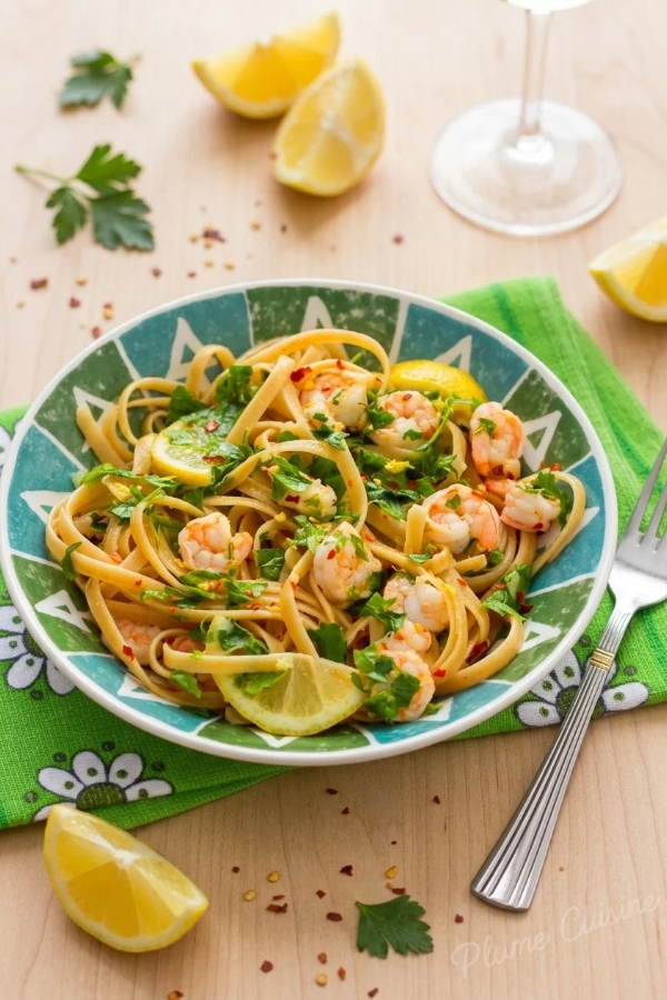 Linguine aux crevettes, ail et citron