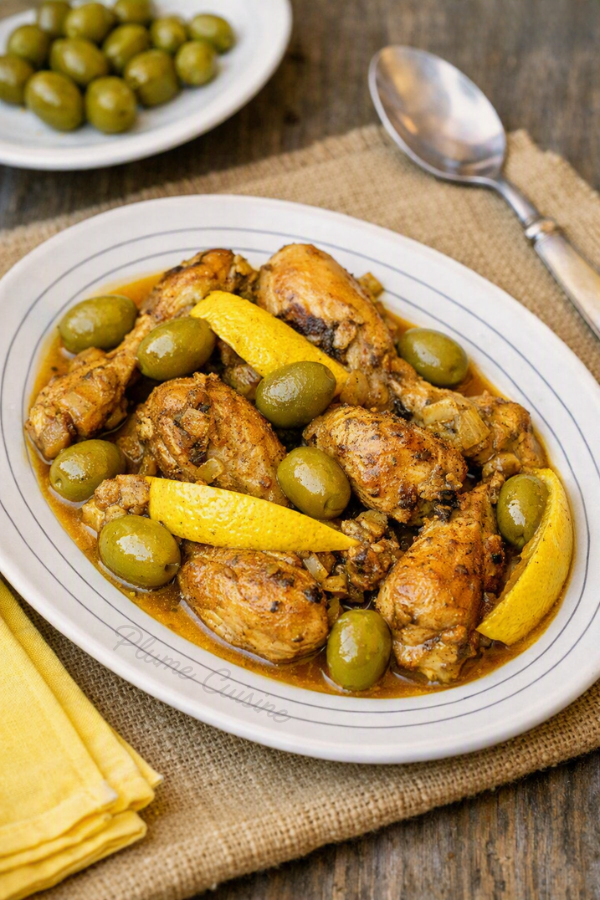 Poulet marocain fondant au citron confit et olives vertes,