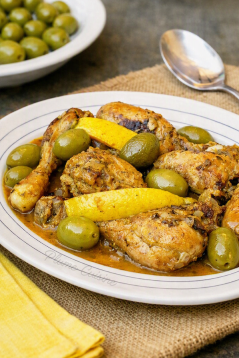 Assiette de poulet marocain mijote au citron et aux olives vertes fraiches