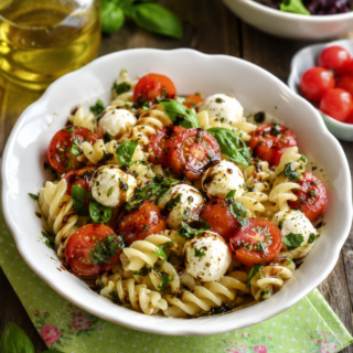 Salade de pâtes tomates et mozzarella dans un bol blanc