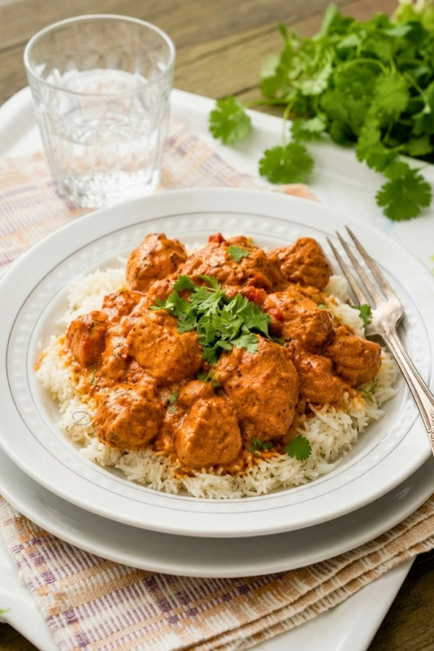 Poulet tikka masala crémeux sur riz basmati, avec coriandre fraîche.
