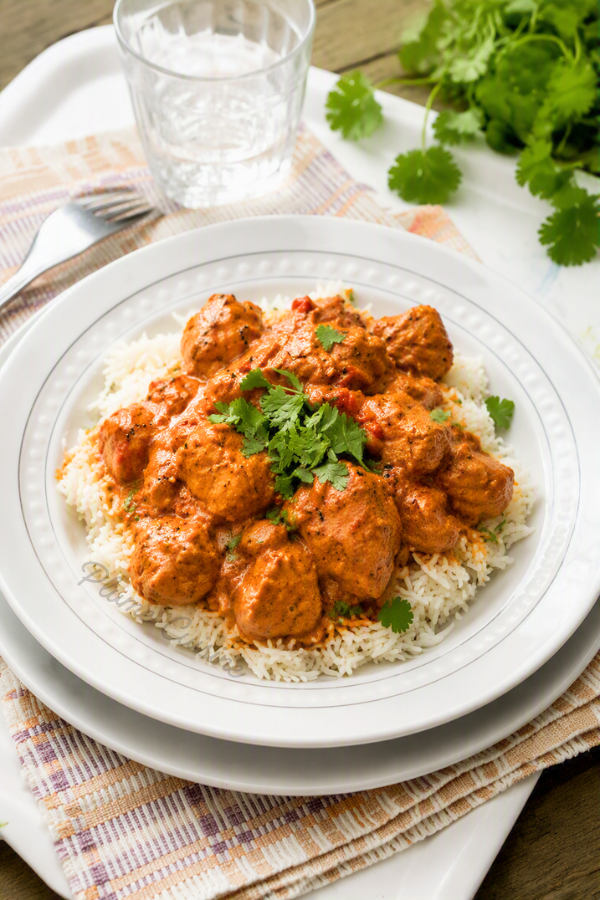 Poulet Tikka Masala crémeux dans une assiette blanche