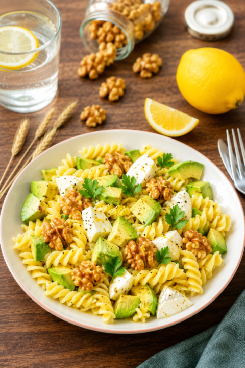 Délicieuse Salade de pâtes, avocat, mozzarella et noix dans une assiette