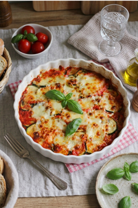 Lasagnes de courgettes à la mozzarella décoré de feuilles de basilic
