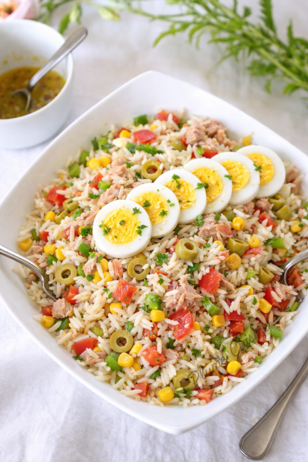 Salade de riz classique au thon dans un joli bol
