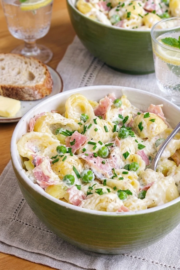 Pâtes crémeuses au jambon et petits pois