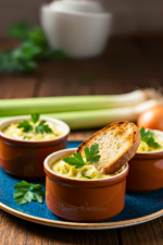 Fondue de poireaux présentée dans des ramequins marrons, avec une feuille de persil en garniture et une tranche de pain grillé.