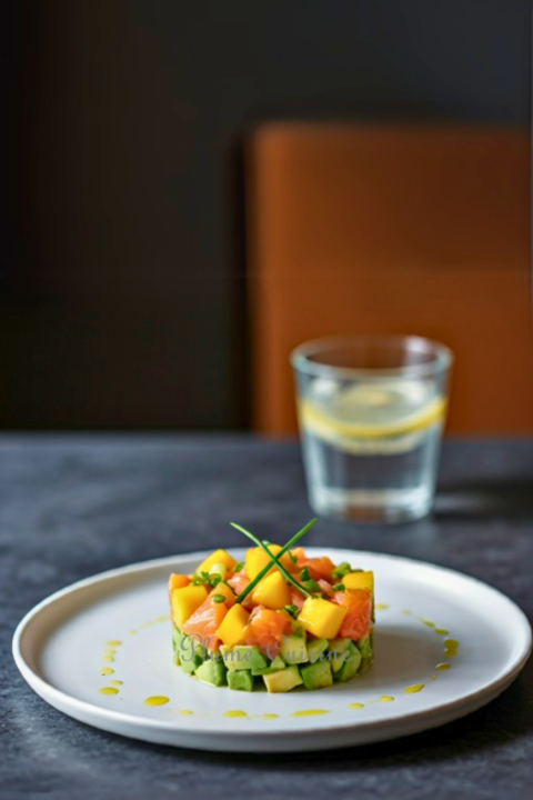 Un tartare coloré avec du saumon fumé, de l'avocat crémeux, et de la mangue juteuse, joliment présenté sur une assiette blanche.