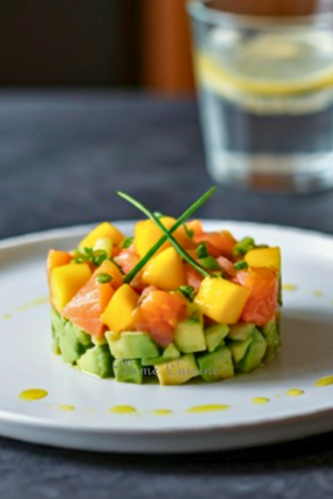 Un tartare coloré et appétissant composé de saumon fumé, d'avocat crémeux, et de morceaux juteux de mangue, servi sur une assiette blanche.