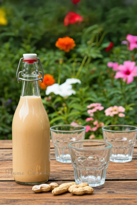 Bouteille en verre contenant du punch cacahuète, posée sur une table de jardin avec trois petits verres et quelques cacahuètes avec leur coque.