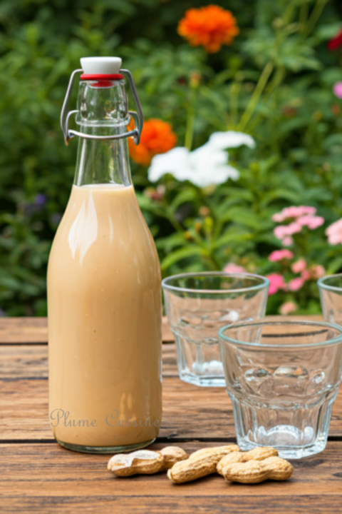 Punch cacahuète antillais dans une bouteille en verre sur une table de jardin, entourée de trois petits verres et de quelques cacahuètes avec leur coque.